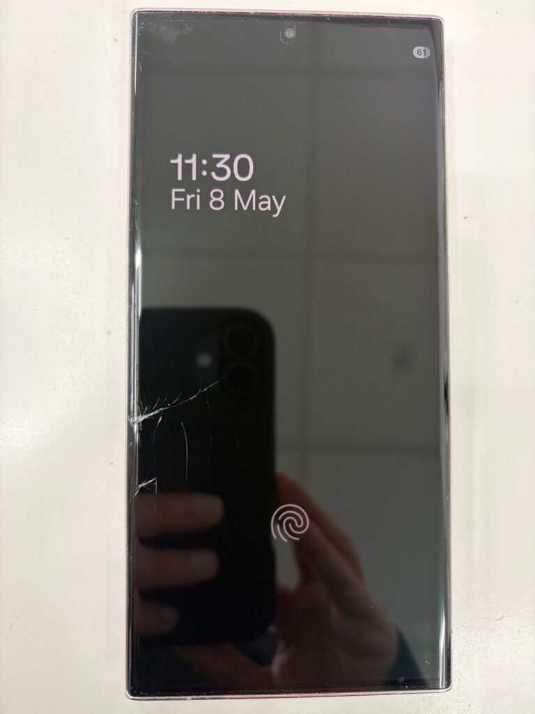 Cracked Samsung Galaxy screen before repair at Pocket Geek Bournemouth by CrC Repair®