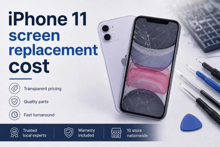 iPhone 11 screen replacement cost — cracked display assembly lifted from an opened phone chassis on a repair bench