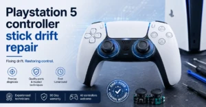 PS5 controller stick drift repair — controller opened on a repair mat with thumbstick modules exposed