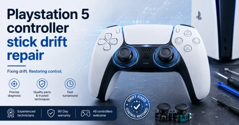 PS5 controller stick drift repair — controller opened on a repair mat with thumbstick modules exposed