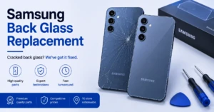Samsung back glass replacement — cracked rear glass panel being removed from a phone