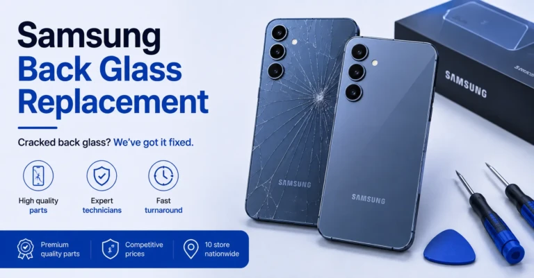 Samsung back glass replacement — cracked rear glass panel being removed from a phone
