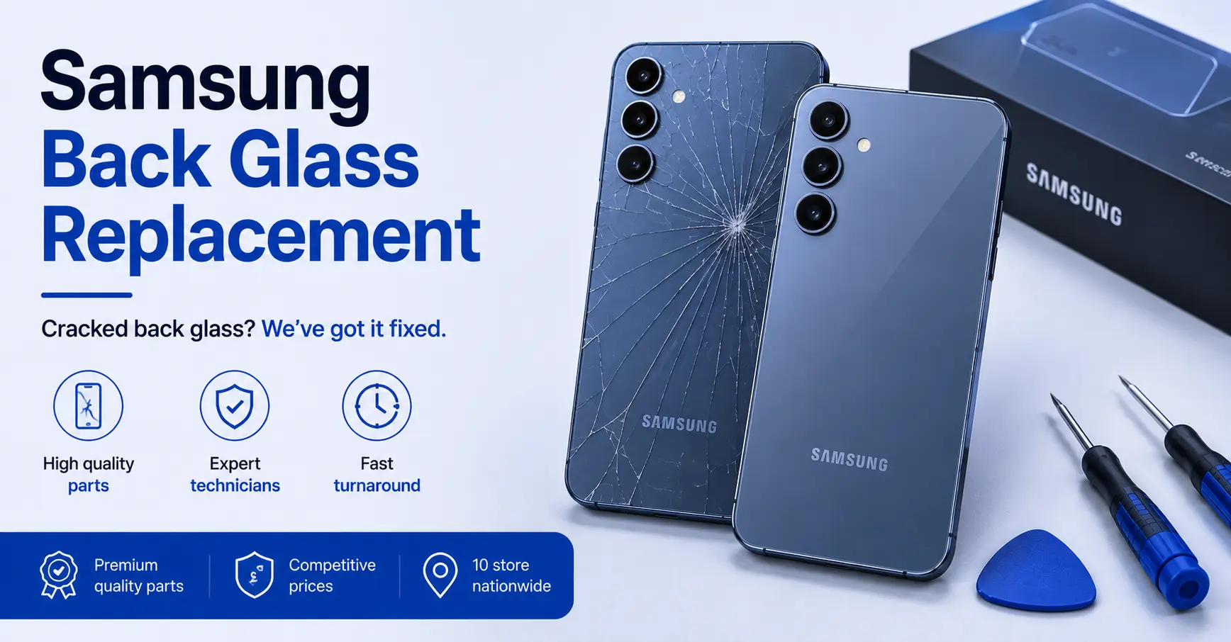 Samsung back glass replacement — cracked rear glass panel being removed from a phone